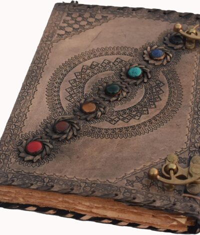 Vintage leather bound journal deckle edge paper antique spell book with seven stone chakra